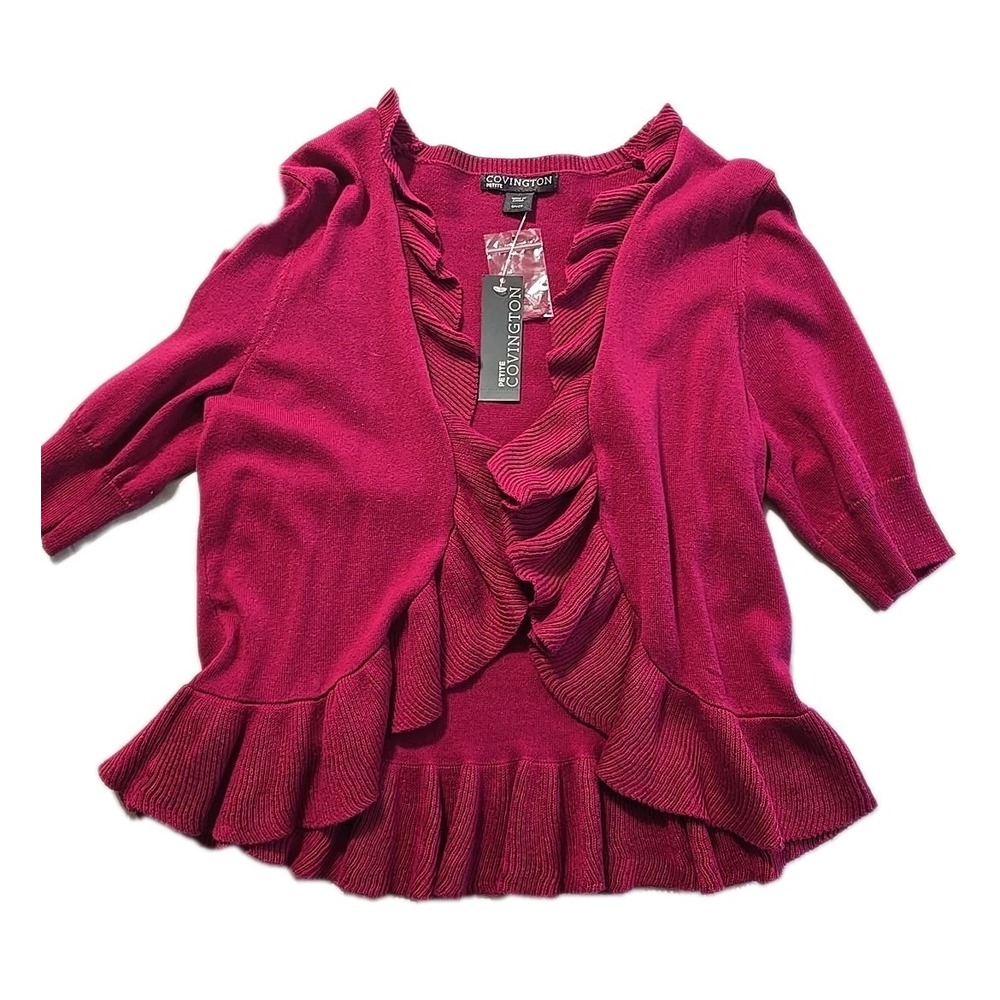 New Covington Petites Women's Small Pink‎ Magenta Ruffle Cardigan Sweater